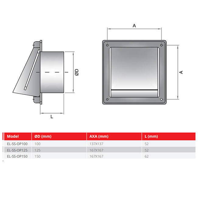 Rejilla frontal de acero inoxidable de 100 mm con compuerta antirretorno de entrada alta - EL-SS-BD100 SS