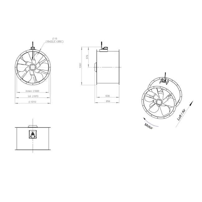 Ventilador axial para conductos de 900 mm - AL 900 D6 02 CFG