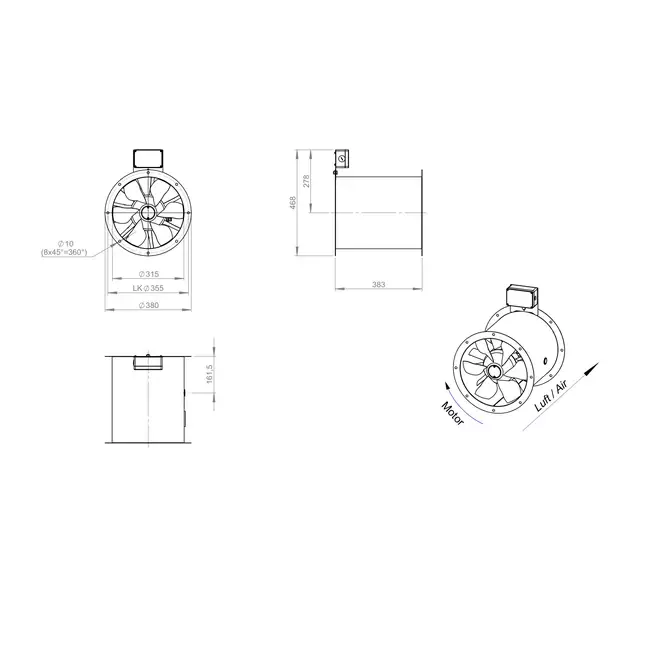 Ventilador de gases de combustión canalizado axial de 315 mm F300- AL 315 D2 F3 01 CFG