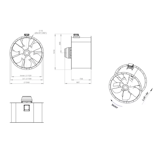 Ventilador de gases de combustión canalizado axial de 1120 mm F300- AL 1120 D6 F3 03 CFG