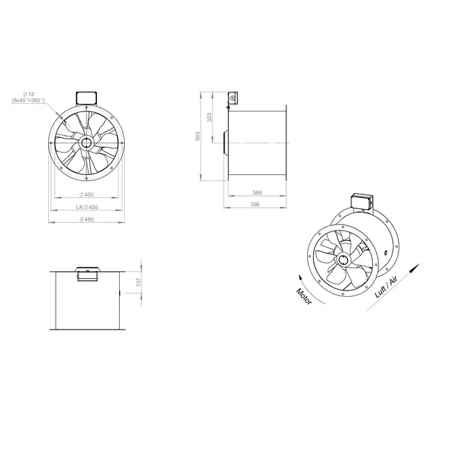 Ventilador de gases de combustión con conducto axial de 400 mm F300- AL 400 D2 F3 01 CFG
