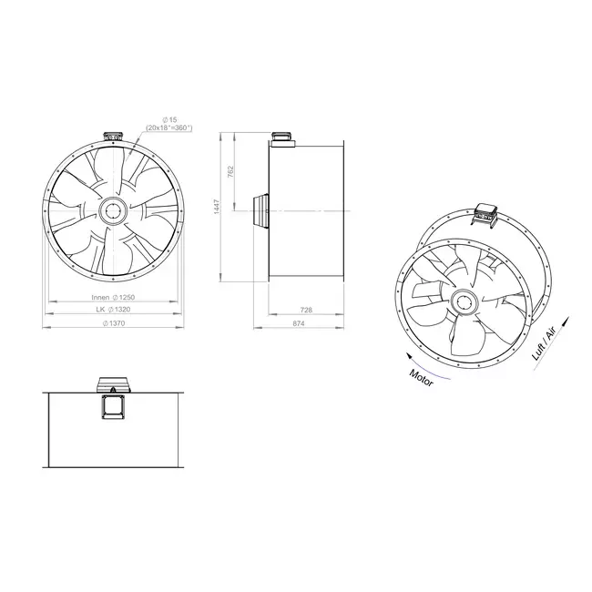 Ventilador de conducto axial de 1250 mm para gases de combustión F300- AL 1250 D6 F3 01 CFG
