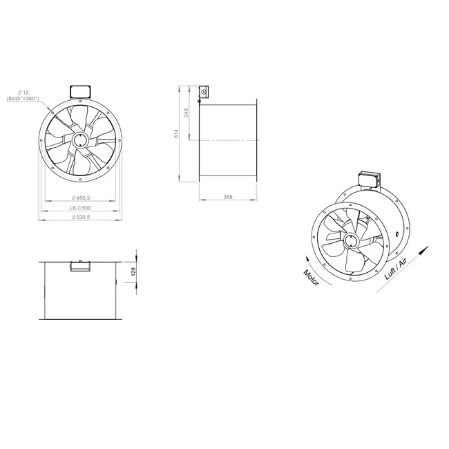Ventilador de gases de combustión canalizado axial de 450 mm F300- AL 450 D4 F3 01 CFG