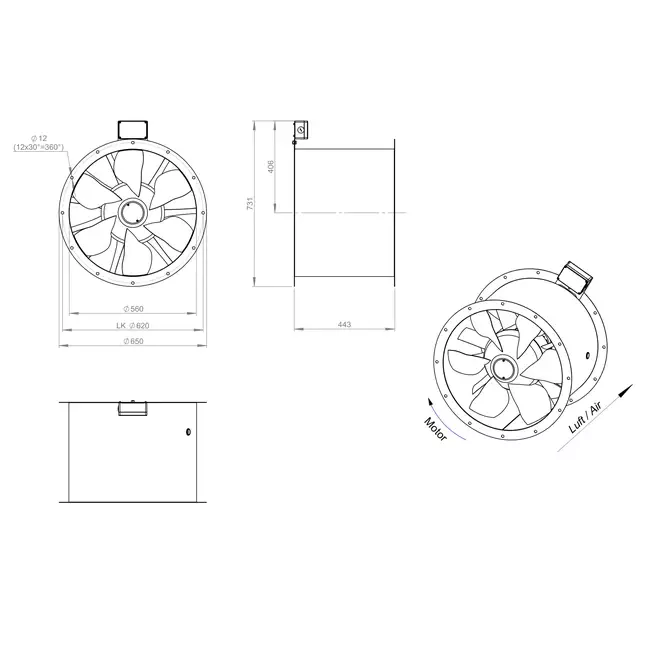 Ventilador de gases de combustión canalizado axial de 560 mm F300- AL 560 D4 F3 01 CFG