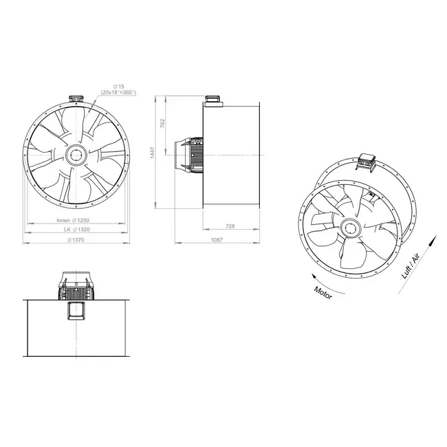 Ventilador de conducto axial de 1250 mm para gases de combustión F300- AL 1250 D6 F3 04 CFG