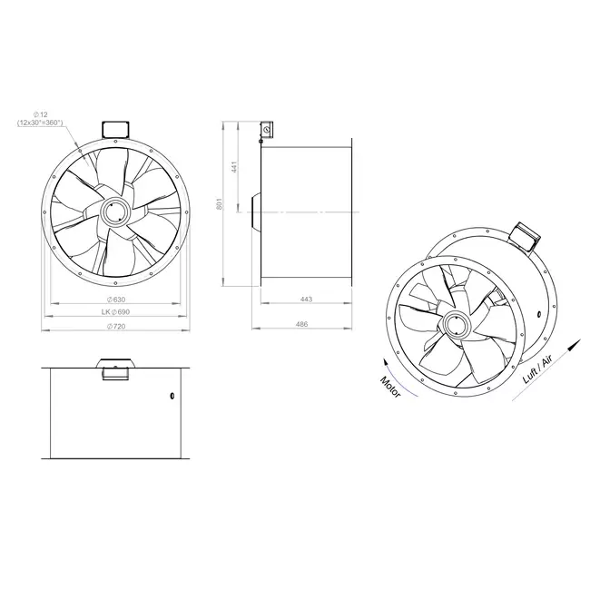 Ventilador axial de humos canalizado de 630 mm F300- AL 630 D6 F3 01 CFG