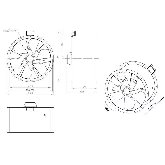 Ventilador de gases de combustión canalizado axial de 710 mm F300- AL 710 D6 F3 01 CFG
