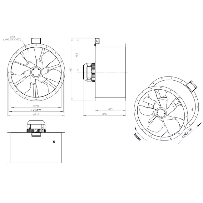 Ventilador de gases de combustión canalizado axial de 710 mm F300- AL 710 D4 F3 01 CFG