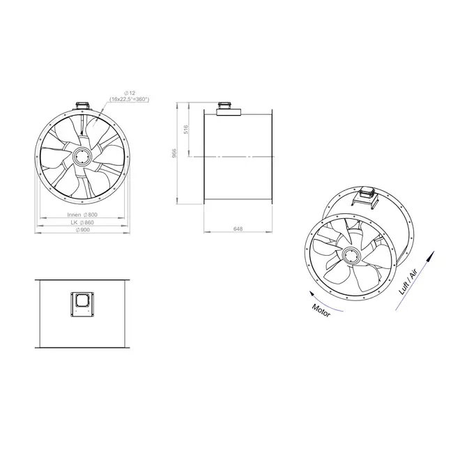 Ventilador de conducto axial de 800 mm para gases de combustión F300- AL 800 D4 F3 02 CFG