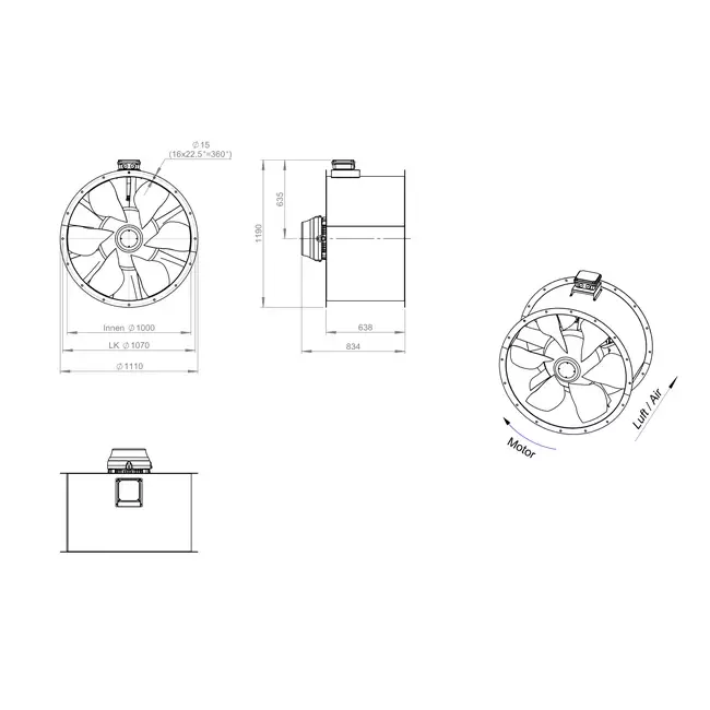 Ventilador axial de conducto de 1000 mm F300- AL 1000 D4 F3 03 CFG