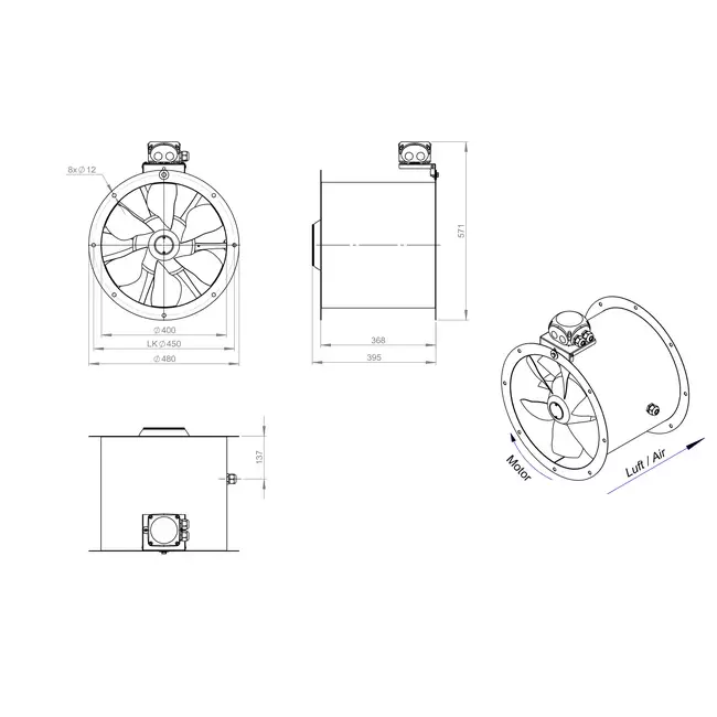 Ventilador axial para conductos de 400 mm - AL 400 D42U 01 CFG