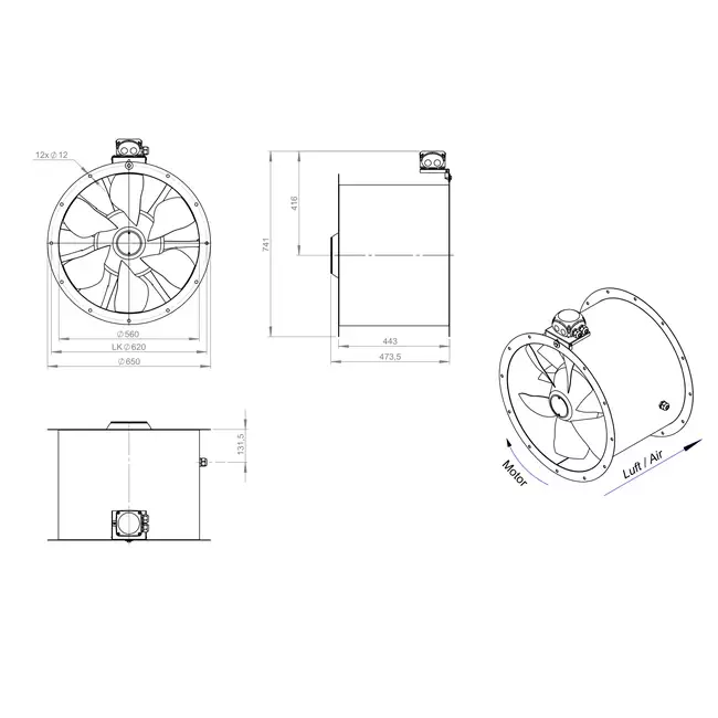Ventilador axial para conductos de 560 mm - AL 560 D84U 01 CFG