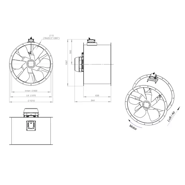 Ventilador axial para conductos de 900 mm - AL 900 D4 05 CFG