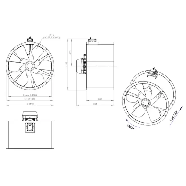 Ventilador axial para conductos de 1000 mm - AL 1000 D4 03 CFG