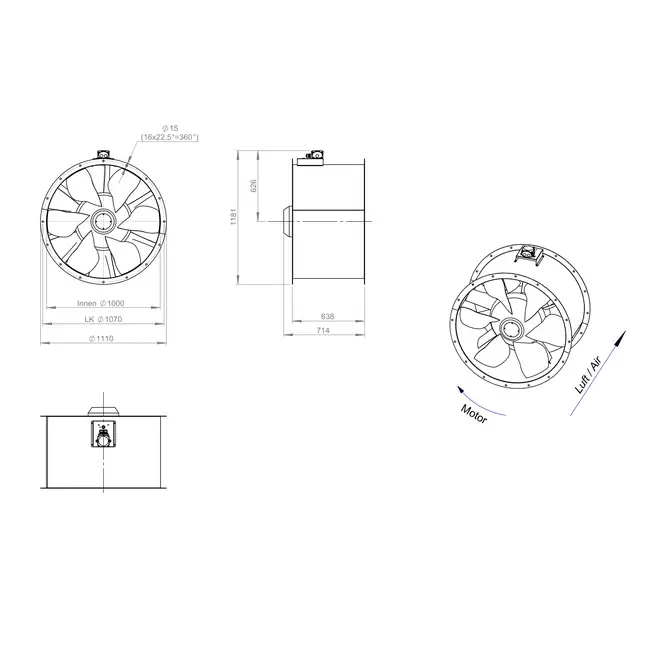 Ventilador axial para conductos de 1000 mm - AL 1000 D6 02 CFG