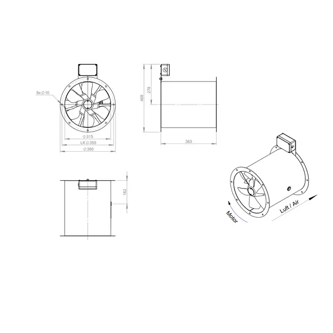 Ventilador de gases de combustión canalizado axial de 315 mm F400 - AL 315 D42U F4 01 CFG
