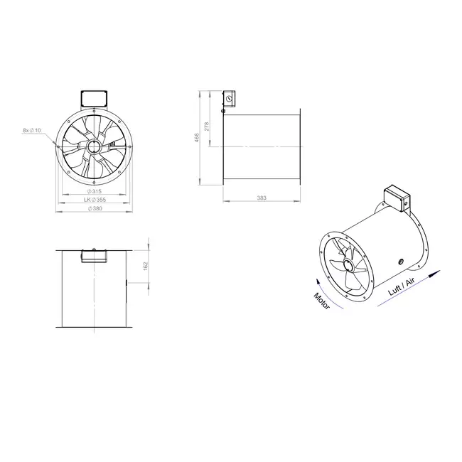Ventilador de gases de combustión canalizado axial de 315 mm F400 - AL 315 D42U F4 02 CFG