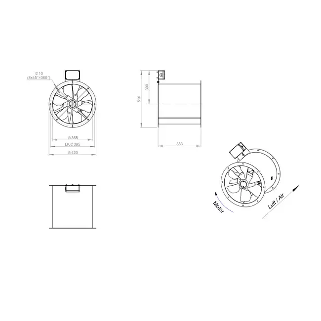 Ventilador de gases de combustión canalizado axial de 355 mm F300- AL 355 D2 F3 02 CFG