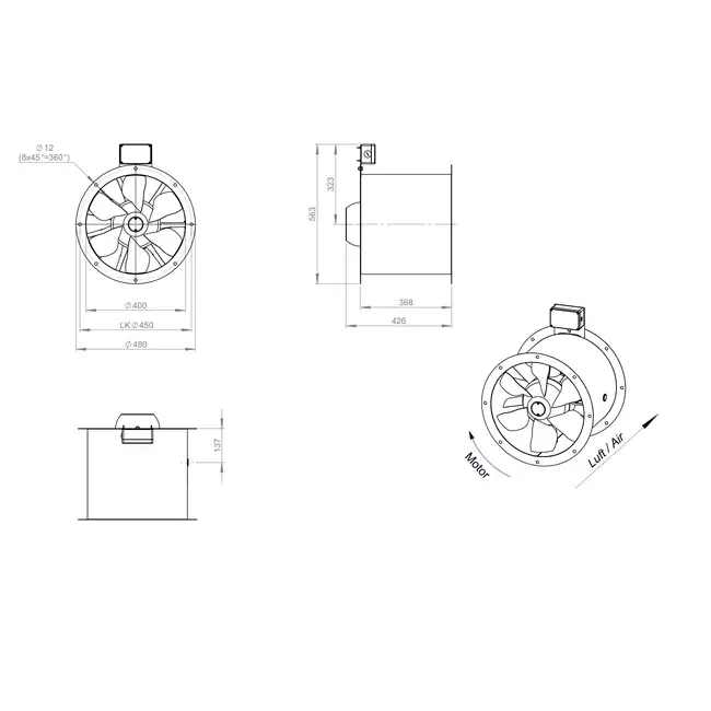 Ventilador axial de gases de combustión canalizado de 400 mm F300- AL 400 D42U F3 01 CFG