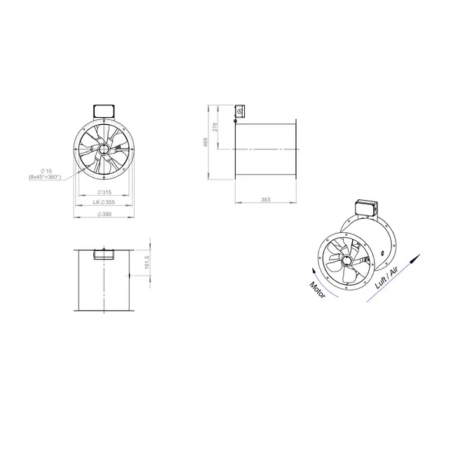 Ventilador de gases de combustión canalizado axial de 315 mm F300- AL 315 D2 F3 03 CFG