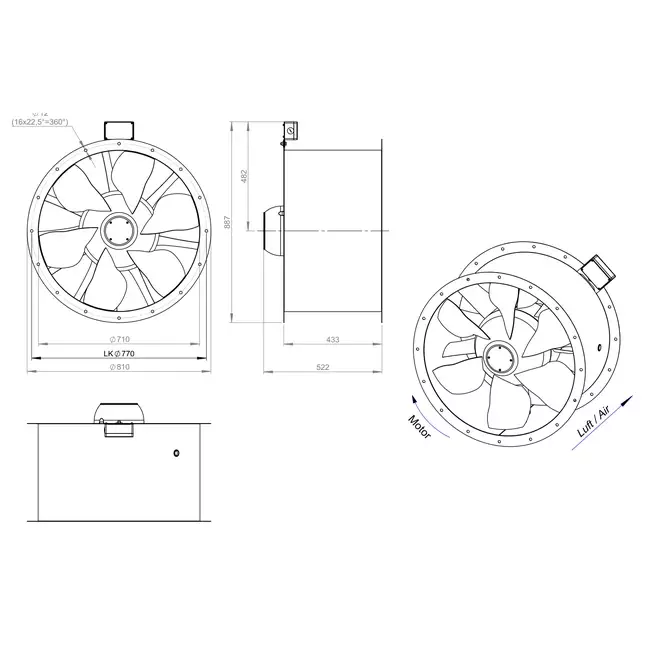 Ventilador de gases de combustión canalizado axial de 710 mm F400 - AL 710 D4 F4 02 CFG