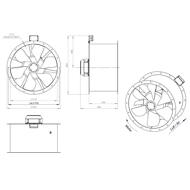 Ventilador de gases de combustión canalizado axial de 710 mm F400 - AL 710 D4 F4 03 CFG