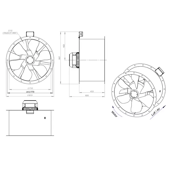 Ventilador de gases de combustión canalizado axial de 710 mm F400 - AL 710 D4 F4 01 CFG