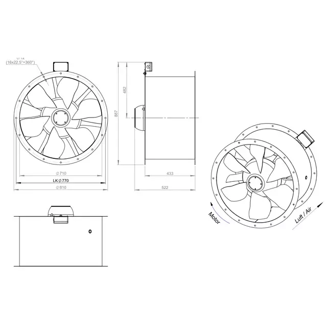 Ventilador de gases de combustión canalizado axial de 710 mm F400 - AL 710 D6 F4 01 CFG