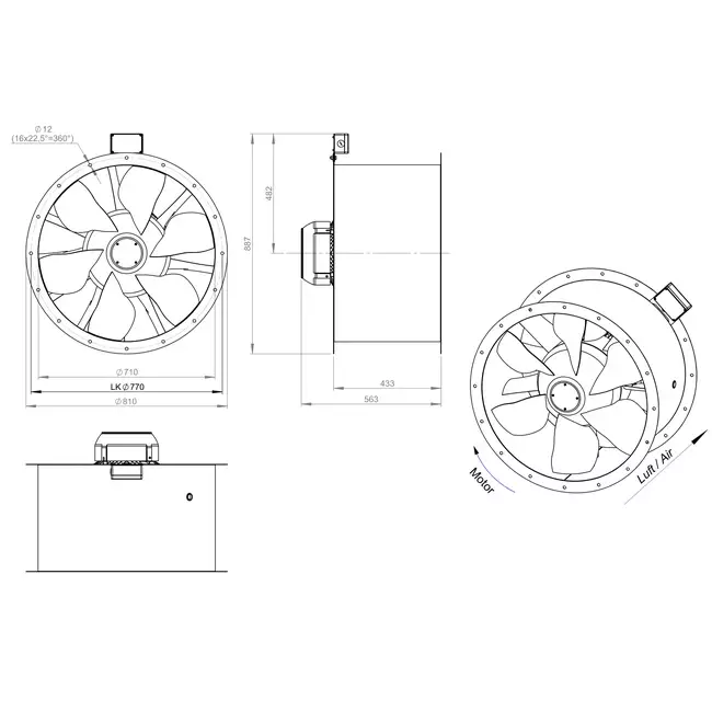 Ventilador de gases de combustión canalizado axial de 710 mm F300- AL 710 D4 F3 03 CFG
