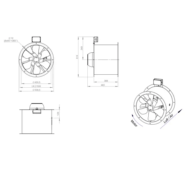 Ventilador de gases de combustión canalizado axial de 450 mm F400 - AL 450 D2 F4 01 CFG