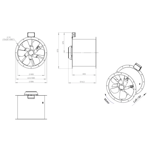 Ventilador de gases de combustión canalizado axial de 500 mm F400 - AL 500 D42U F4 01 CFG