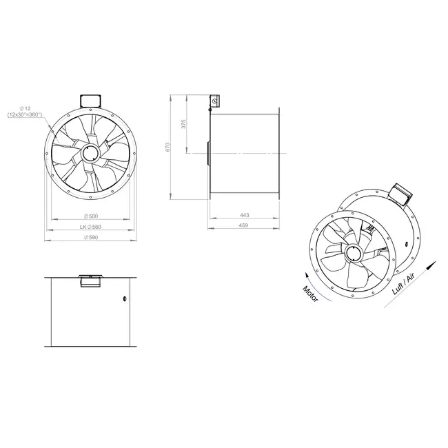 Ventilador de gases de combustión canalizado axial de 500 mm F300- AL 500 D4 F3 03 CFG