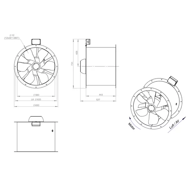 Ventilador de conducto axial de 560 mm para gases de combustión F400 - AL 560 D84U F4 02 CFG