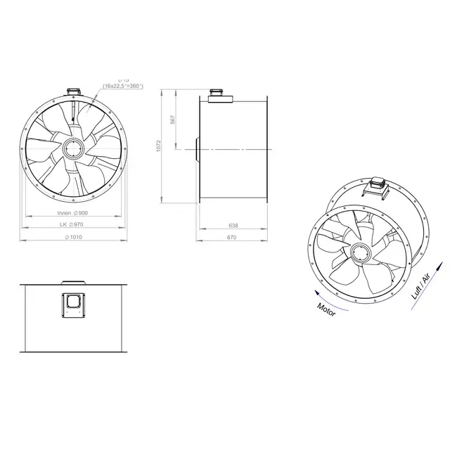 Ventilador de gases de combustión canalizado axial de 900 mm F400 - AL 900 D4 F4 02 CFG