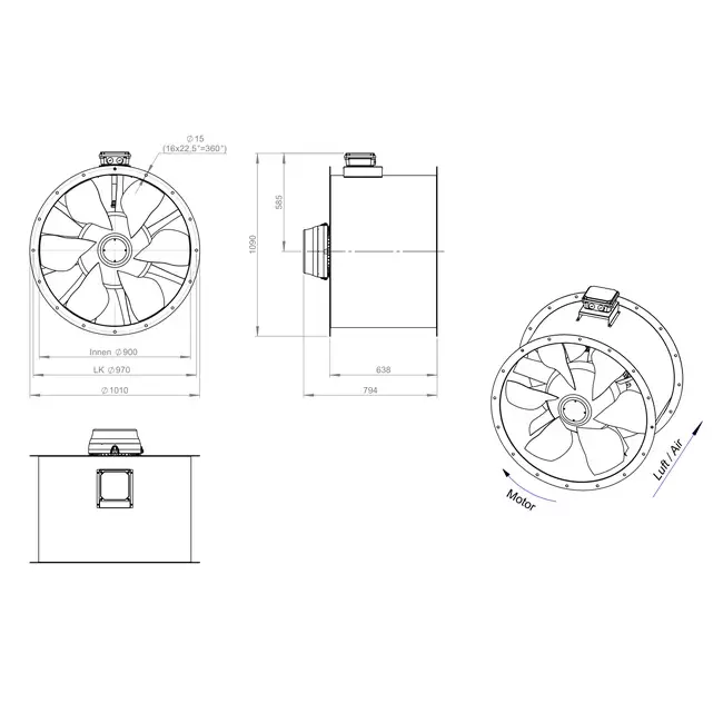 Ventilador de gases de combustión canalizado axial de 900 mm F400 - AL 900 D6 F4 03 CFG