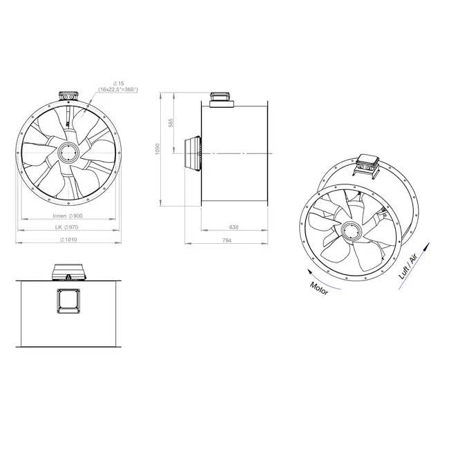 Ventilador de gases de combustión canalizado axial de 900 mm F400 - AL 900 D4 F4 04 CFG