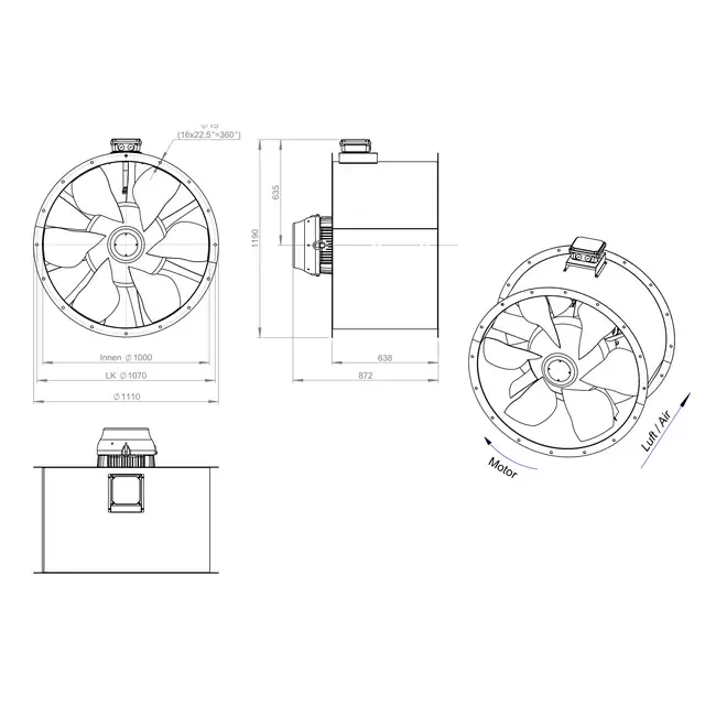 Ventilador de conducto axial de 1000 mm para gases de combustión F400 - AL 1000 D4 F4 04 CFG