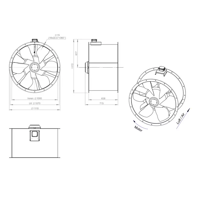 Ventilador de conducto axial de 1000 mm para gases de combustión F400 - AL 1000 D6 F4 02 CFG