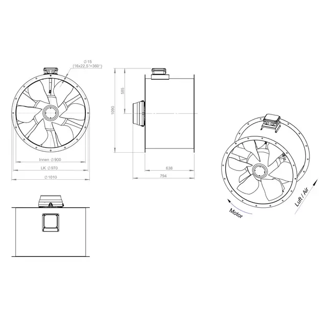Ventilador de gases de combustión canalizado axial de 900 mm F300- AL 900 D6 F3 03 CFG