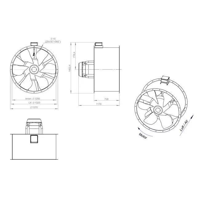 Ventilador de conducto axial de 1250 mm para gases de combustión F300- AL 1250 D6 F3 05 CFG