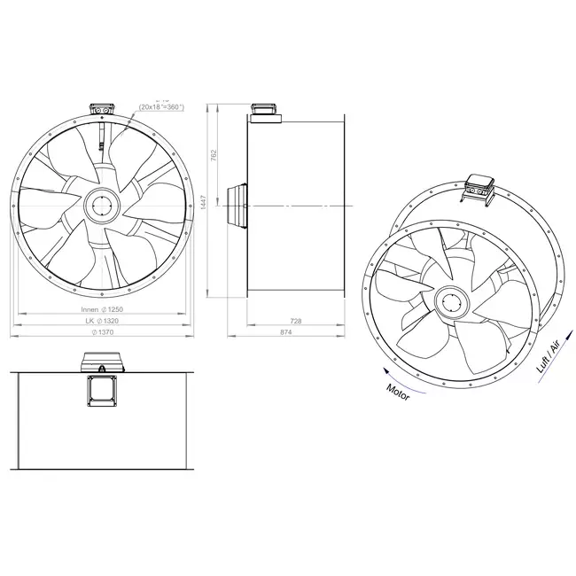 Ventilador de conducto axial de 1250 mm para gases de combustión F400 - AL 1250 D6 F4 01 CFG