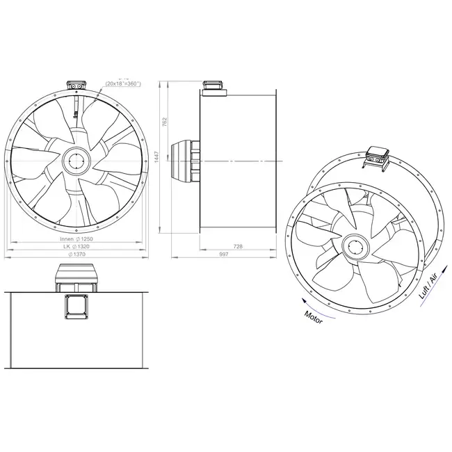 Ventilador de conducto axial de 1250 mm para gases de combustión F400 - AL 1250 D6 F4 02 CFG