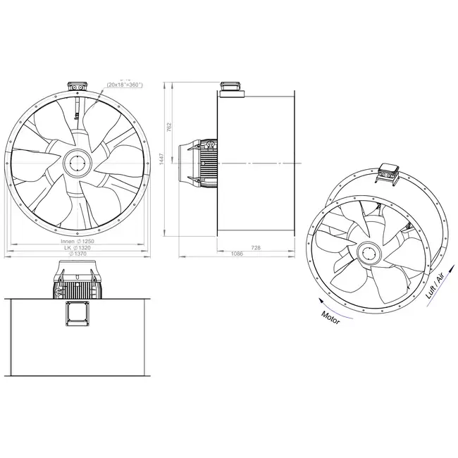 Ventilador de conducto axial de 1250 mm para gases de combustión F400 - AL 1250 D6 F4 04 CFG