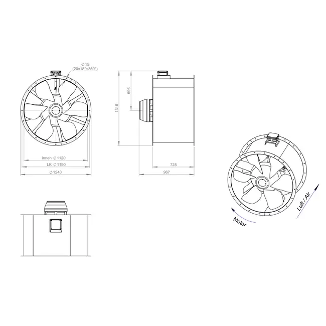 Ventilador de gases de combustión canalizado axial de 1120 mm F300- AL 1120 D6 F3 05 CFG