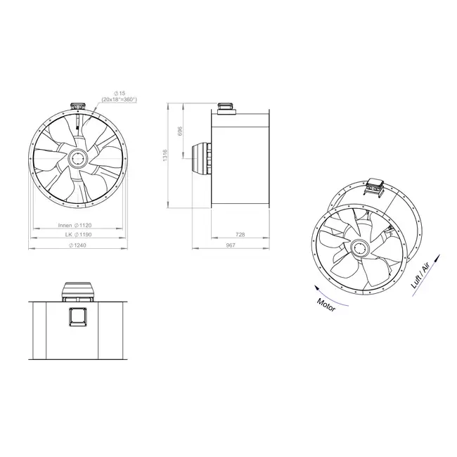 Ventilador de gases de combustión canalizado axial de 1120 mm F400 - AL 1120 D6 F4 05 CFG