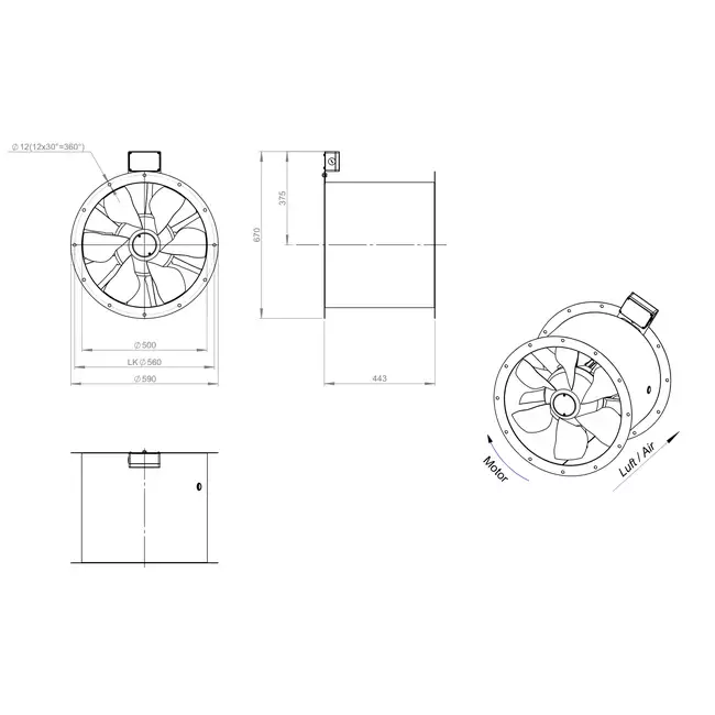 Ventilador de gases de combustión canalizado axial de 500 mm F400 - AL 500 D4 F4 02 CFG