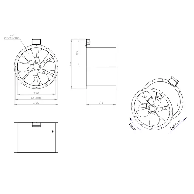 Ventilador de gases de combustión canalizado axial de 560 mm F400 - AL 560 D4 F4 01 CFG