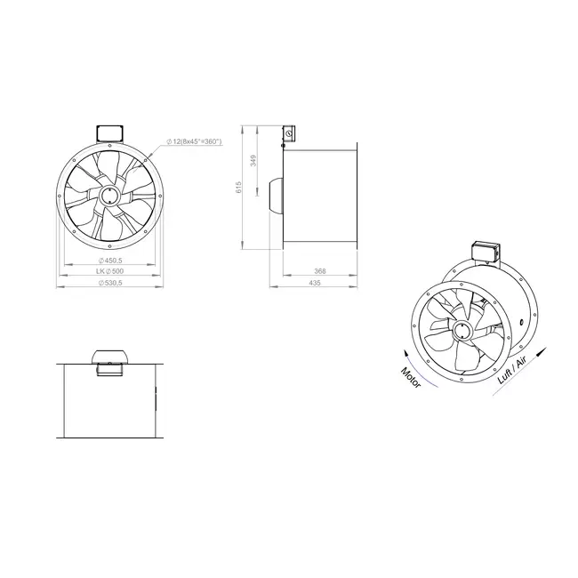 Ventilador de gases de combustión canalizado axial de 450 mm F300- AL 450 D42U F3 02 CFG