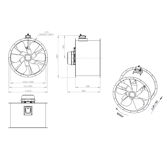 Ventilador axial para conductos de 900 mm - AL 900 D84U 03 CFG