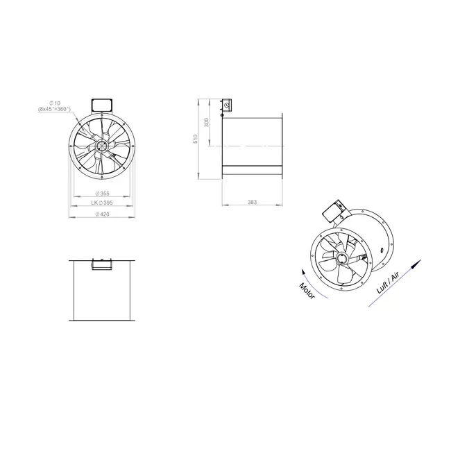 Ventilador de gases de combustión canalizado axial de 355 mm F300- AL 355 D42U F3 02 CFG